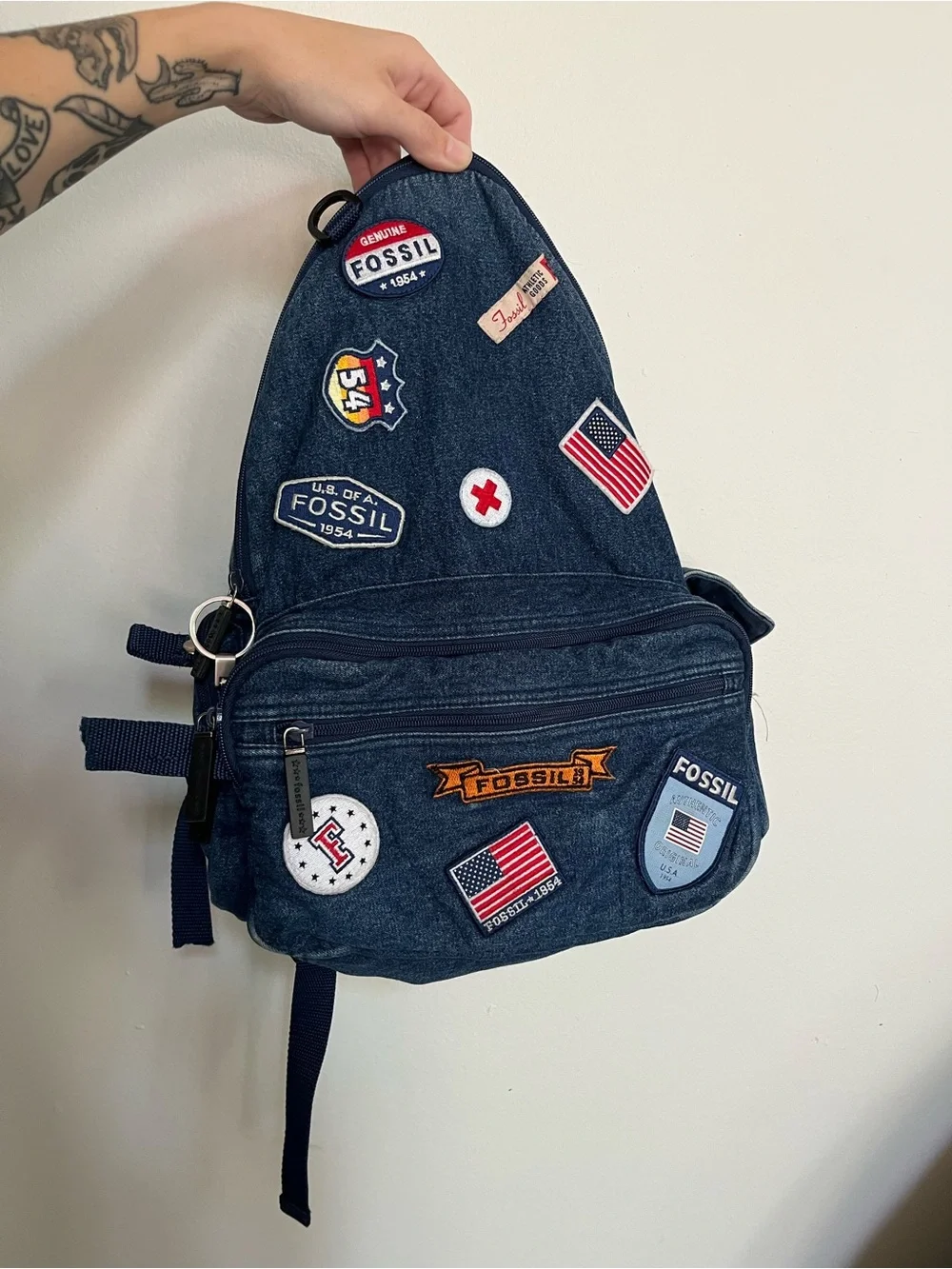 VTG RARE 90s Fossil Denim + Patch Backpack | One Strap Unattached *See Photos*